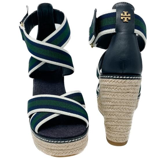 Tory Burch Frieda Green Navy White Stripe Canvas Leather Espadrilles size 9.5 - Picture 8 of 13